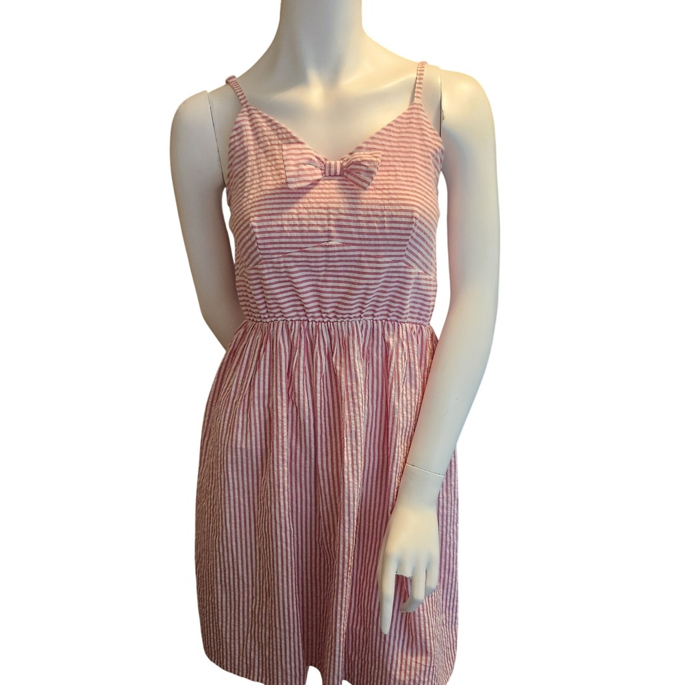 Molly Bracken Red White Striped Seersucker Sun Dress Bow‎ Detail  Small
